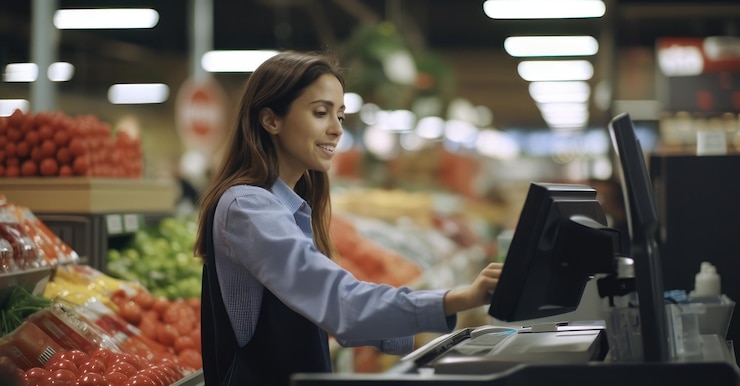 Photo cashier scans items in busy supermarket