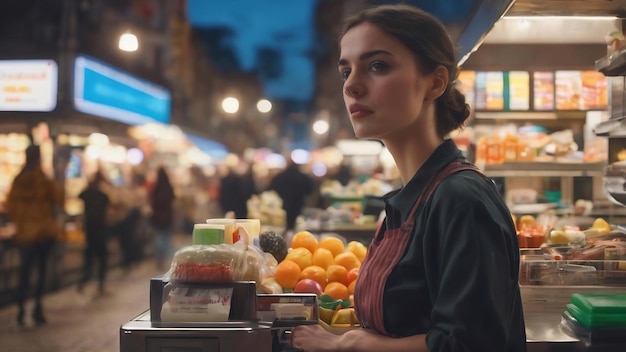 Cashier in the street defocused