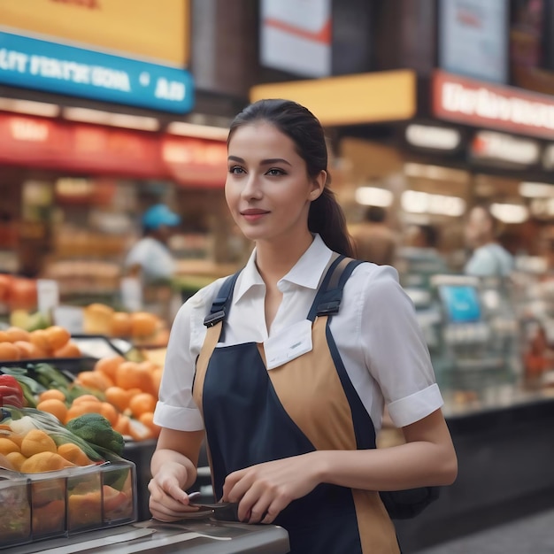 Cashier in the street defocused