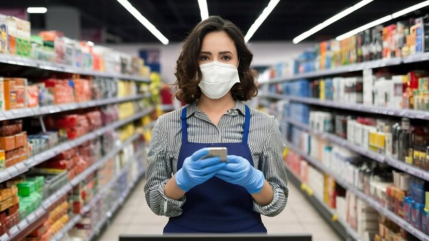 Cashier in supermarket wearing mask and gloves fully protected against corona virus