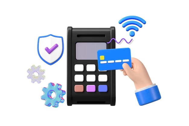 Cashless payment png 3D credit card machine remix transparent background