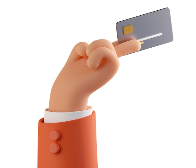 현금없는 결제 사업가의 3d 손은 온라인 모바일 뱅킹에 신용 카드를 사용하여 은행 카드를 제공합니다.