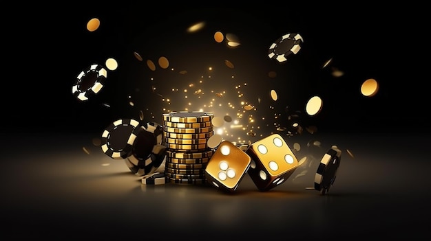 Casino background with flying chips golden coins and dice Generative AI