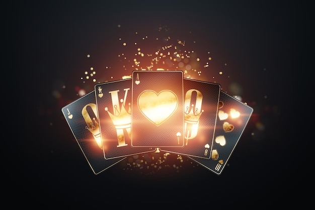 Casino banner creatieve achtergrond speelkaarten in zwart en goud stijl luxe Concept van online gokken recreatie poker black jack online casino Kopieer ruimte 3D illustratie 3D render