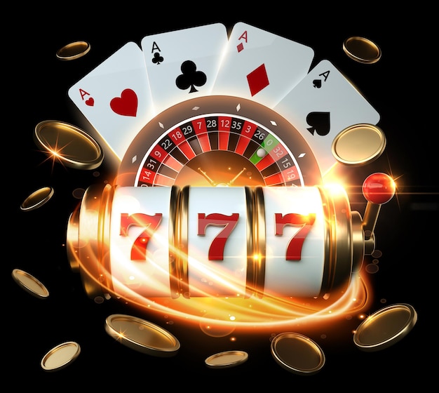 Foto casino banner concetto di gioco d'azzardo slot machine ruota della roulette quattro assi monete illustrazione 3d