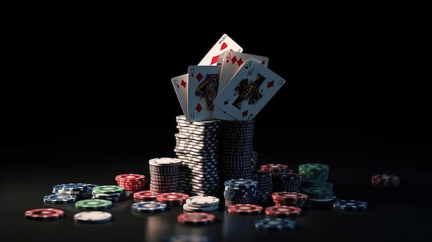 写真 暗い黒の背景にチップとキューブを使用したカジノ カード ゲームオンライン カジノおよびモバイル ギャンブル アプリケーションのフライング カード ポーカーの勝者の富の概念generative ai