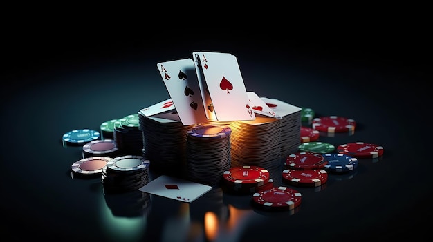 Фото Игра в карты казино с фишками и кубиками на темно-черном фоне