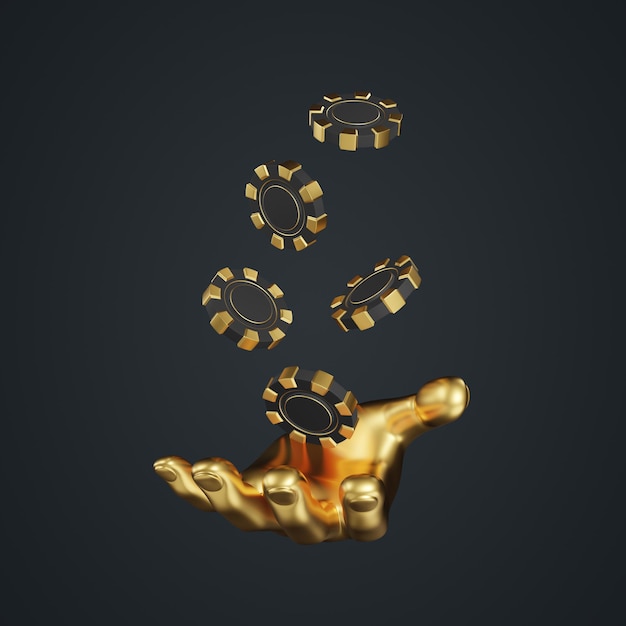 Casino chips en gouden hand op een zwarte achtergrond Poker blackjack baccarat spel concept 3D-rendering