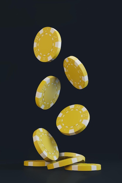 Casino chips falling on the black background Casino game 3D chips Online casino banner Yellow chip