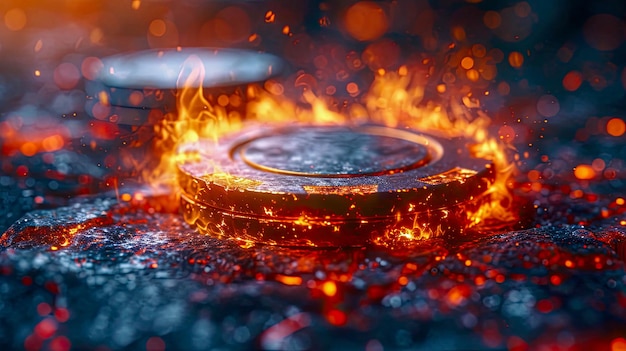 Casino chips on fire background Closeup of casino chips