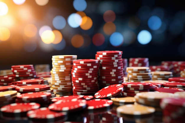 Casino-chips op een bokeh-achtergrond Rode groene speelchips Tokens voor het spel Kolommen van gokmunten Gokken Casino