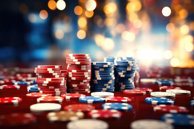 Casino-chips op een bokeh-achtergrond Rode groene speelchips Tokens voor het spel Kolommen van gokmunten Gokken Casino