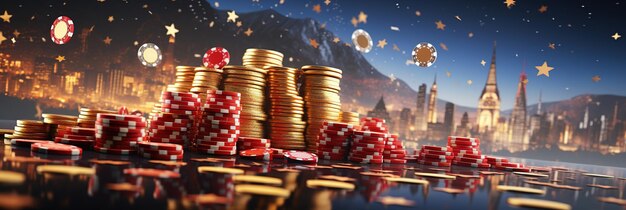 Photo casino chips and stacks of golden coins on a dark background 3d rendering ai generated