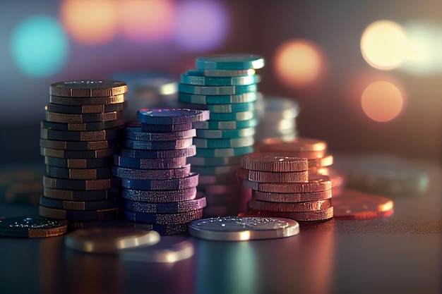 Casino chips on the table Colorful bokeh backgroundgenerative ai