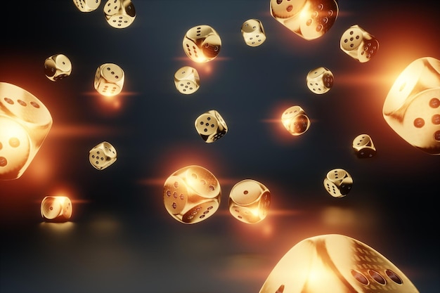 casino concept golden dice on black background black and gold design gambling luxury style poker blackjack baccarat casino win poster design for gambling banner 3d render 3d illustration