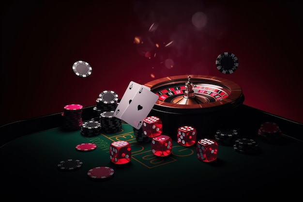 Casino concept with abstract gambling objects Dark casino room with roulette cards and dices Generative AI