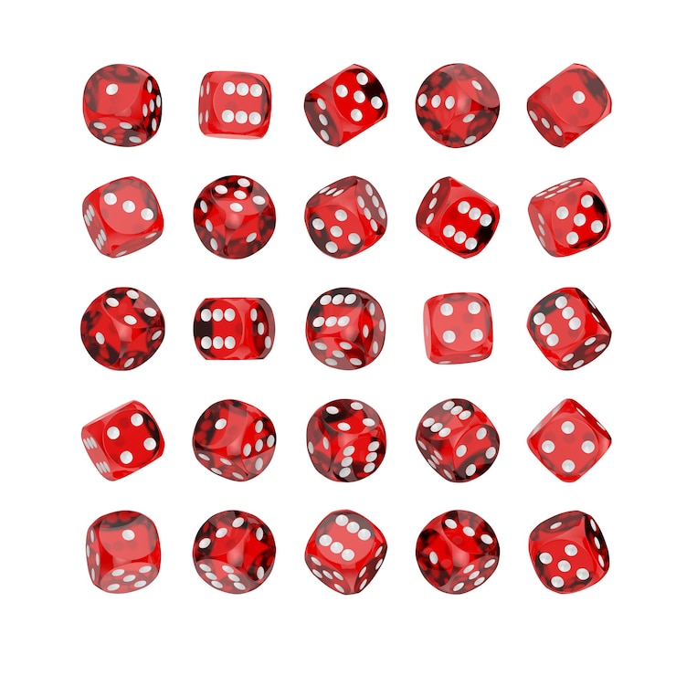 Photo casino gambling concept. set of red glass game dice cubes in differetn position on a white background. 3d rendering