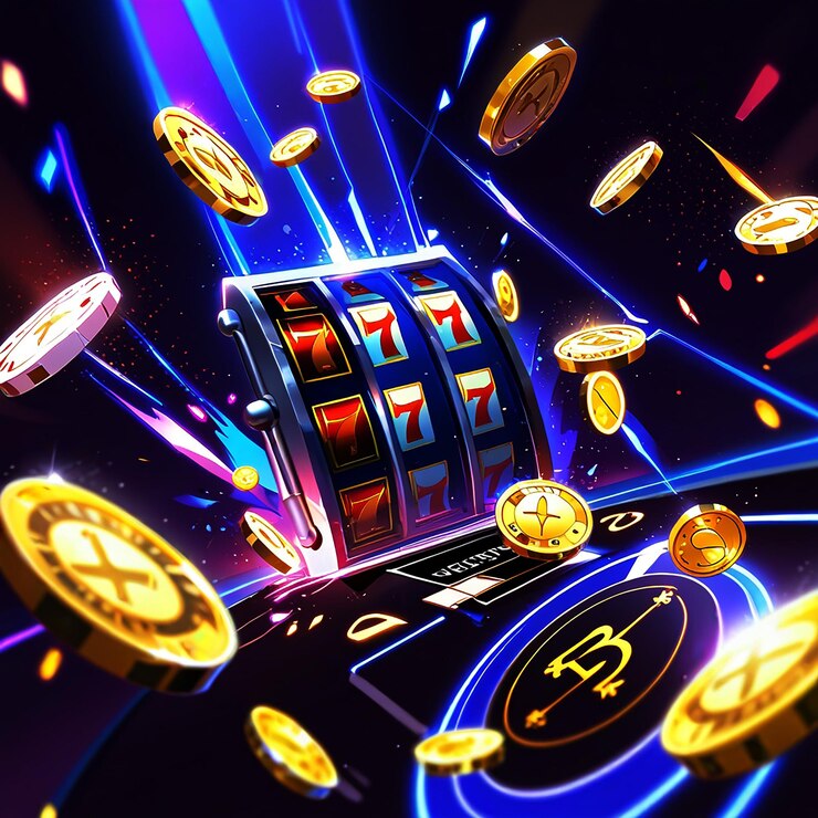 a casino game with gold coins and a blue background with the number 5 on it