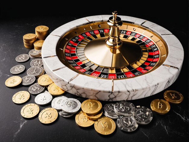 a casino game with gold and silver coins on a black table