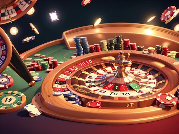 Casino Games Backdrop Banner 3D Illustration with Casino Elements Craps Roulette and Poker Cards