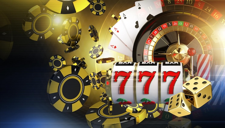 Foto casino games conceptuele illustratie met roulette kaarten dobbelstenen slot machine reel en tokens