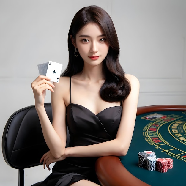 Photo casino girl with red dress and playing poker