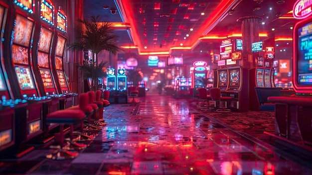 Casino interior with slot machines and neon lights