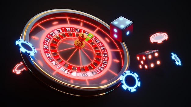 Sfondo al neon del casinò con roulette e fiches da poker che cadono foto premium.