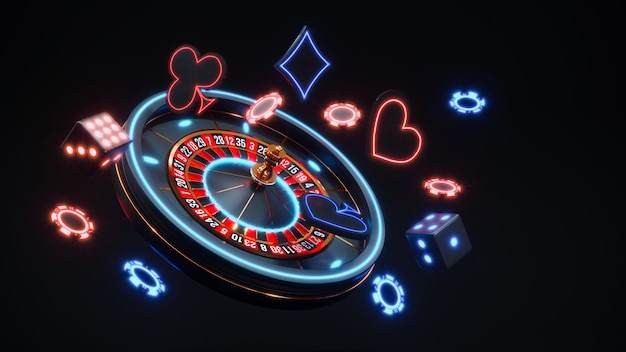 Casino neon background with roulette and poker chips falling Premium Photo.