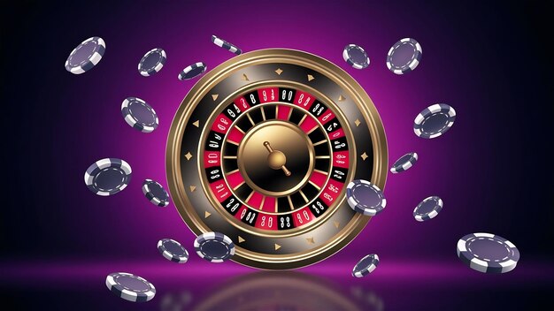 Photo casino neon background with roulette and poker chips falling premium photo
