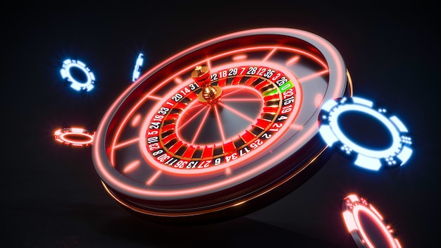 Casino neon chips. Poker chips falling Premium Photo