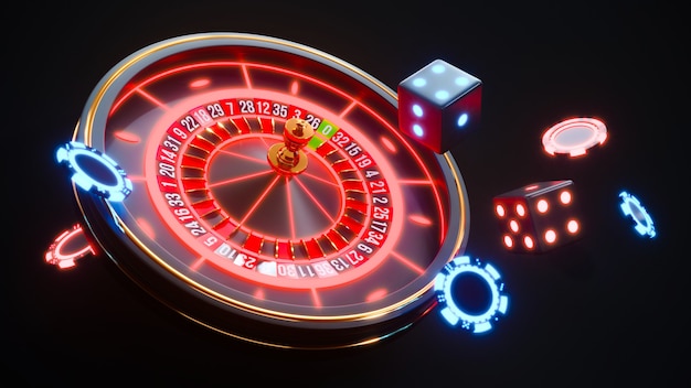 Casino-neonachtergrond met vallende roulette en pokerfiches Premium Foto.