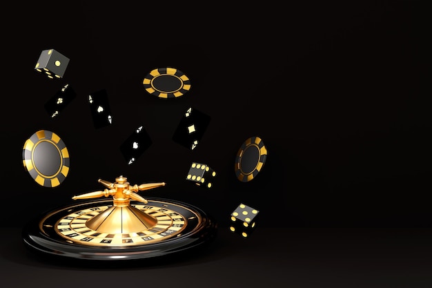 Casino online 3d render roulette wheel aces play cardschips and playing dices on black background