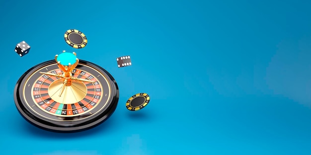 Casino online 3d render roulette wheel chips and playing dices on blue background Gambling concept design 3d rendering illustration