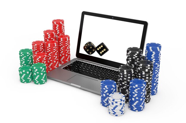 Casino Online Concept Gaming Chips and Casino Black Game Dice Cubes с современным портативным компьютером на белом фоне 3d Rendering