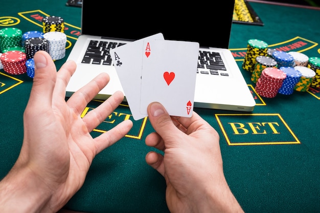 Casino, online gambling, technology and people concept