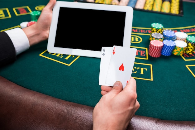 Casino, online gambling, technology and people concept