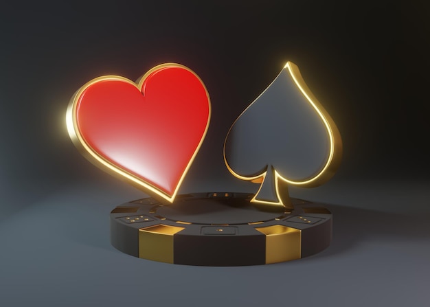 Casino pokerchip en azen speelkaarten symbool schoppen en harten geïsoleerd op zwarte achtergrond 3D