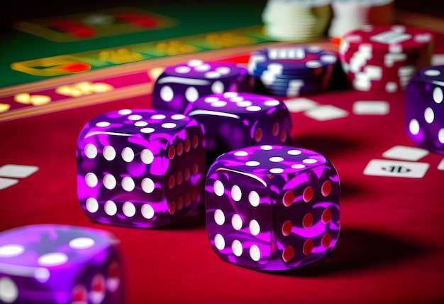 Foto i dadi viola del casinò sul tavolo da gioco