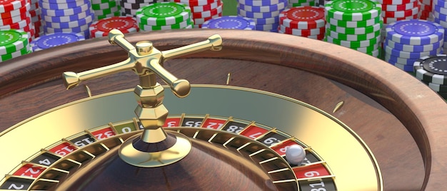 Casino roulette golden spinning wheel colorful chips Gambling and betting 3d illustration