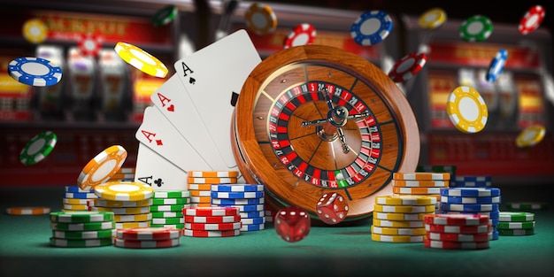 Casino. Roulette. kaarten, dobbelstenen en chips op gokautomaat achtergrond. 3d illustratie