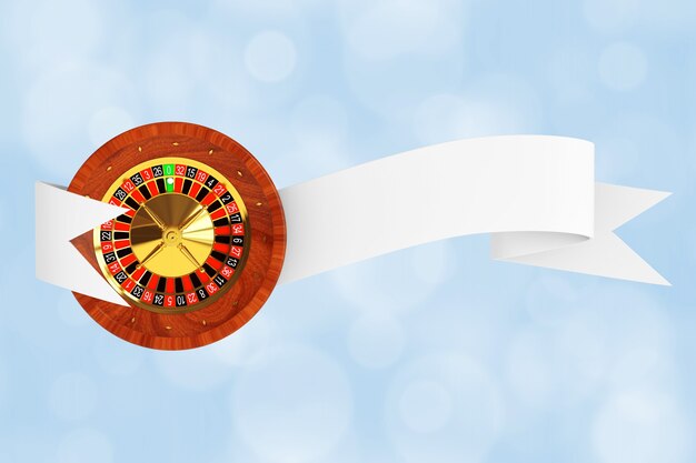 Casino Roulette Wheel met lintbanner op een blauwe achtergrond. 3D-rendering.