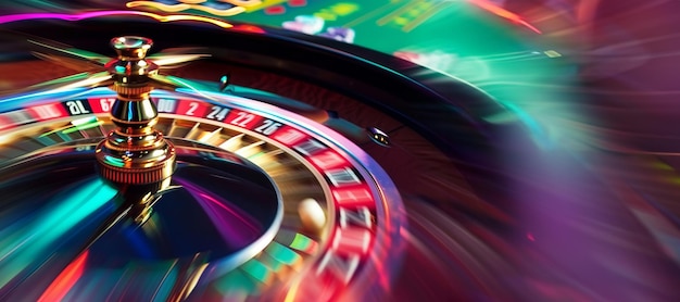 Casino roulette wheel spinning in motion with a copy