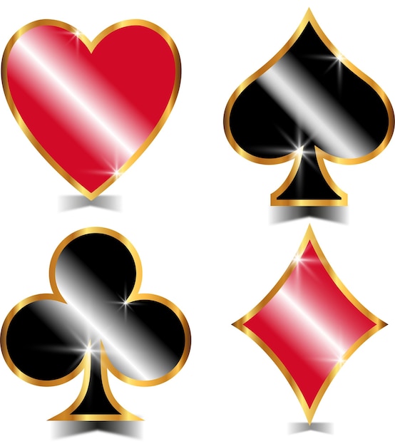 Casino shapes of heart club diamond and spade with gold frame and shine