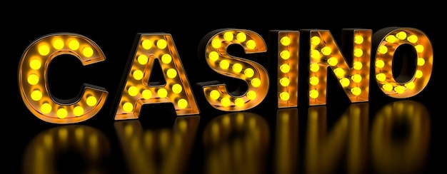 Casino signboard from golden light bulb letters retro glowing font 3D rendering