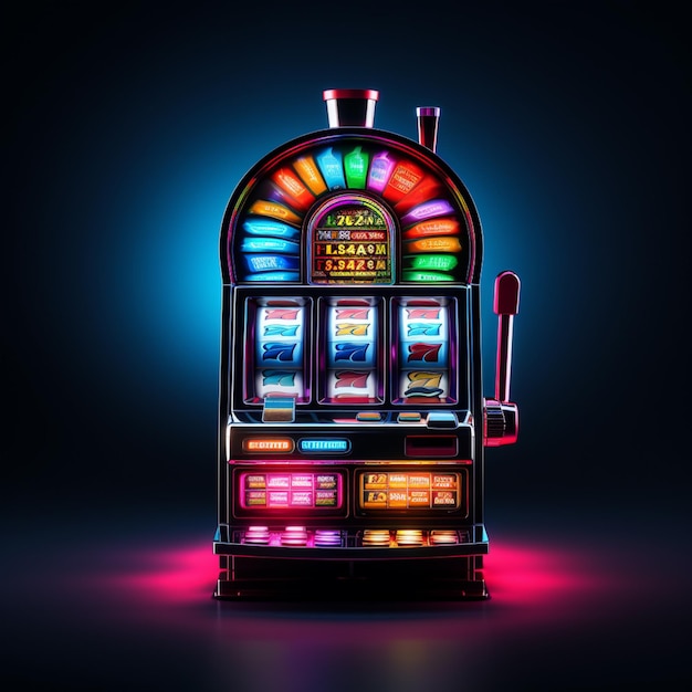 Foto slot machine del casinò su sfondo nero nello stile di oggetti 3d luminosi