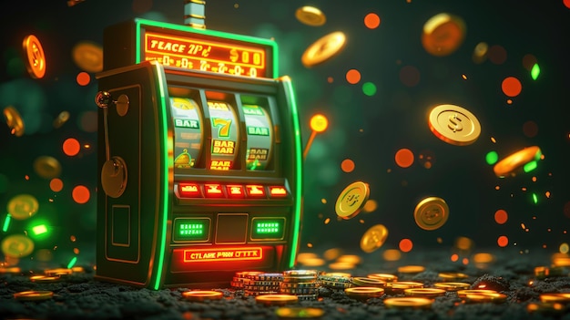 A casino slot machine with a green background giving a coin prize Concept of prizes and casinos