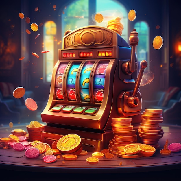 Casino slot machine with tokens and coins ai generated