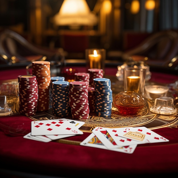 casino table with cards chips and poker in the style of dark crimson and light amber