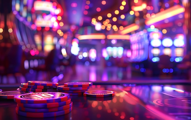 a casino table with poker chips and a blur of lights in the background